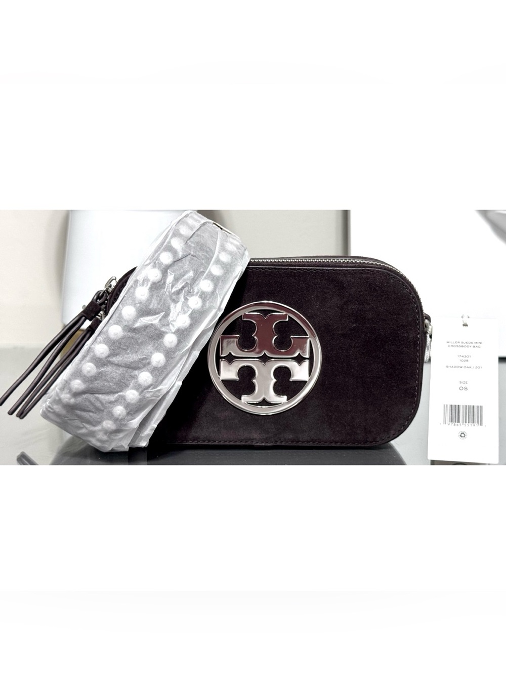 TORY BURCH MINI MILLER SUEDE CROSSBODY BAG, SHADOW OAK